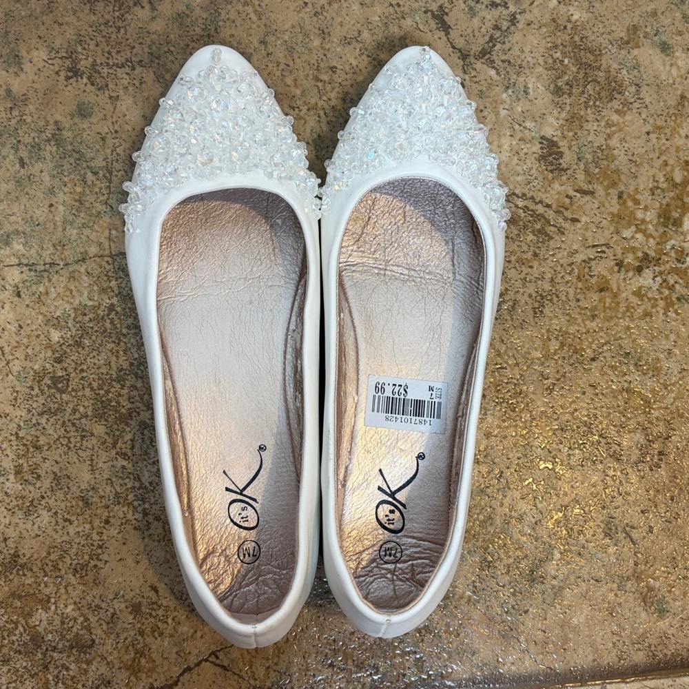 Elegant White Beaded Flats by it's OK